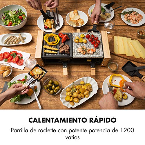 Klarstein Chateaubriand Nuovo Raclette con Piedra Natural - Barbacoa Raclette, Parrilla, 1200 W, Aluminio/Piedra, 8 Personas, Regulable, Acero Inoxidable, con Accesorios, Negro-Marrón