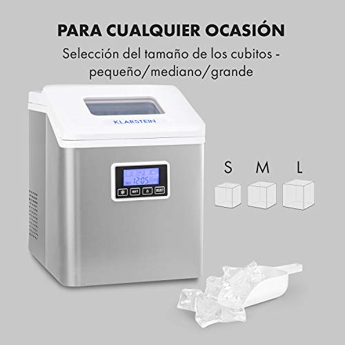 Klarstein Clearcube LCD máquina de hielos – hielo claro, 15-20 kg de hielo al día, deposito de agua de 2,5 l, pantalla LCD, 3 tamaños de cubito, fabricación de cubitos de hielo, R600a, blanco