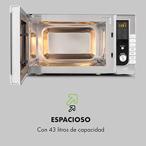 Klarstein CombiWave microondas - 1000 W, 43 l de capacidad, función parrilla, 11 niveles de potencia, pantalla LED, reloj digital de cocina, descongela, 8 programas, plato giratorio, acero inoxidable