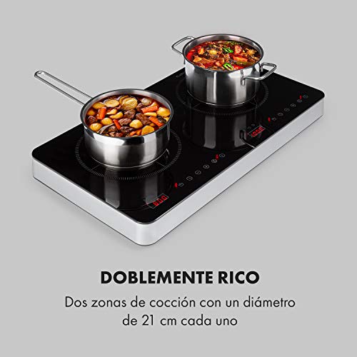 Klarstein Cookio - Placa de inducción, 2 zonas de cocción, Potencia de 3.500 W, 8-10 niveles ajustables, Temporizador, Cerámica de vidrio, Detección de ollas, SenseControl, Pantalla LED, Negro