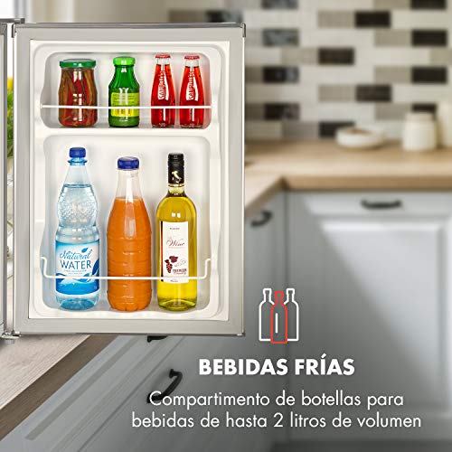 Klarstein Cool Kid – nevera para bebidas, mininevera, minibar, 66 litros de volumen, clase A+, 109 kWh/año, aislada, 45 x 63 x 51 cm, 42db, acero inoxidable, gris