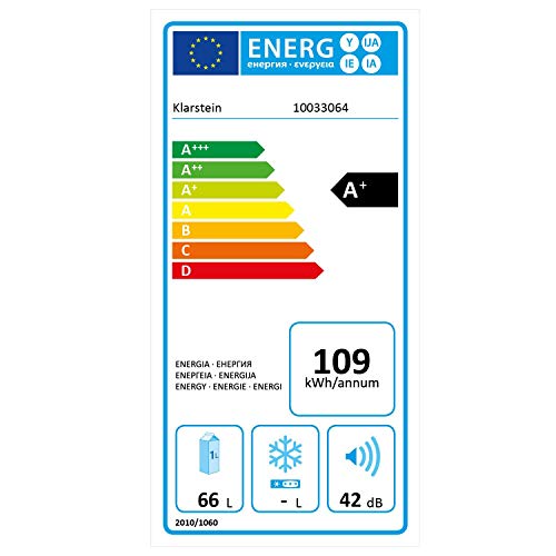 Klarstein Cool Kid – nevera para bebidas, mininevera, minibar, 66 litros de volumen, clase A+, 109 kWh/año, aislada, 45 x 63 x 51 cm, 42db, acero inoxidable, plateado