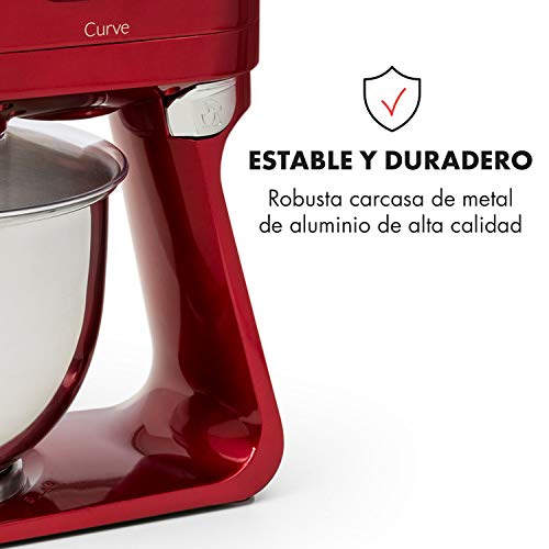 Klarstein Curve Robot de cocina - Mezclador, Pantalla LED, 5 velocidades, Sistema de rotación planetaria, 5 litros, Carcasa metálica, Accesorios, Rojo