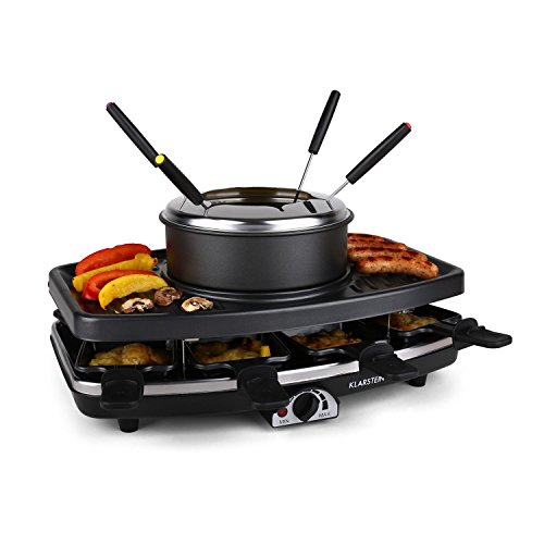 Klarstein Entrecote Raclette - Fondue, Parrilla, Barbacoa-Party, 1100W, regulador de calor continuo, 8 sartenes, Antiadherente, 6 tenedores Fondue, Grill bajo grasa, Negro