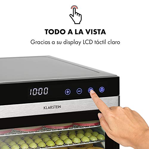 Klarstein Flavour Dry Deshidratadora de alimentos - Carcasa de acero inoxidable, 6 baldas, Temperatura 35-70 °C, Pantalla táctil LCD, 360° Airflow Circulation, Termostato digital, Frontal negro