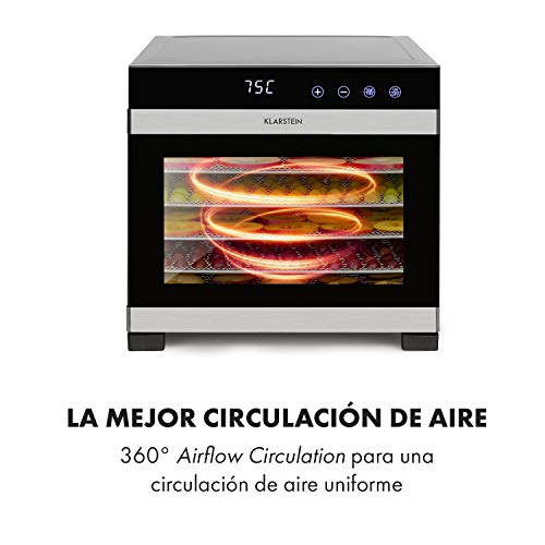 Klarstein Flavour Dry Deshidratadora de alimentos - Carcasa de acero inoxidable, 6 baldas, Temperatura 35-70 °C, Pantalla táctil LCD, 360° Airflow Circulation, Termostato digital, Frontal negro