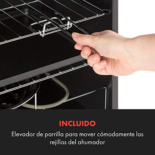 KLARSTEIN Flintstone Horno para ahumar - Caja para ahumar, Acero Inoxidable Negro, 1600 W, Termostato Regulable, Termómetro Integrado, 3 Parrillas para ahumar, Doble Puerta de Acero Inoxidable, Negro