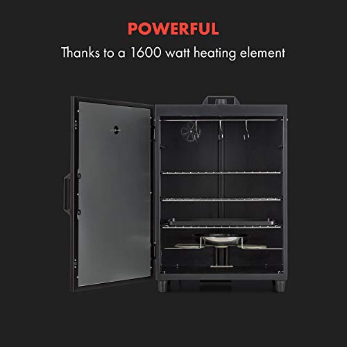 KLARSTEIN Flintstone Horno para ahumar - Caja para ahumar, Acero Inoxidable Negro, 1600 W, Termostato Regulable, Termómetro Integrado, 3 Parrillas para ahumar, Doble Puerta de Acero Inoxidable, Negro