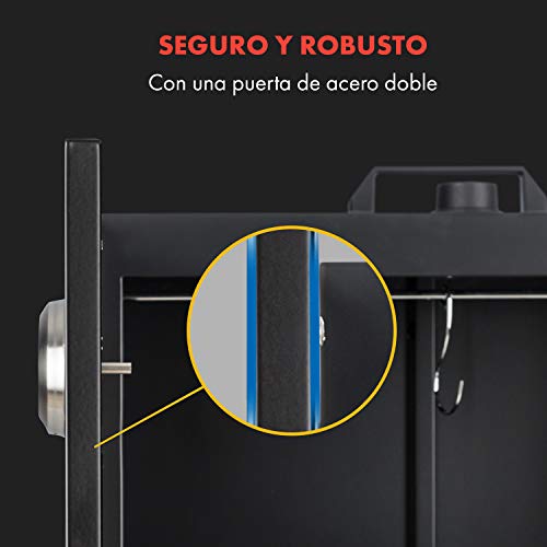 KLARSTEIN Flintstone Horno para ahumar - Caja para ahumar, Acero Inoxidable Negro, 1600 W, Termostato Regulable, Termómetro Integrado, 3 Parrillas para ahumar, Doble Puerta de Acero Inoxidable, Negro