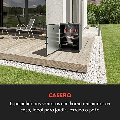 KLARSTEIN Flintstone Horno para ahumar - Caja para ahumar, Acero Inoxidable Negro, 1600 W, Termostato Regulable, Termómetro Integrado, 3 Parrillas para ahumar, Doble Puerta de Acero Inoxidable, Negro