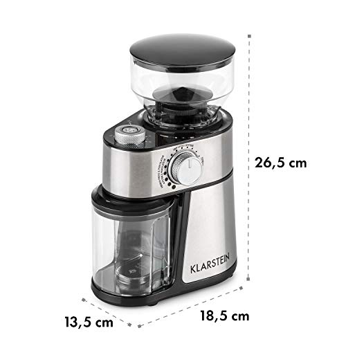 Klarstein Florenz Molinillo de Café (200W, triturado FlatBurr con disco de acero inoxidable, 18 tamaños de molienda, dosificador para 2-12 porciones, depósito de grano con 240 g de capacidad) Acero