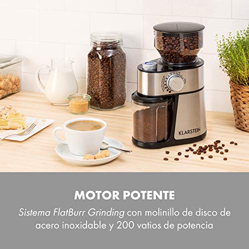 Klarstein Florenz Molinillo de Café (200W, triturado FlatBurr con disco de acero inoxidable, 18 tamaños de molienda, dosificador para 2-12 porciones, depósito de grano con 240 g de capacidad) Acero