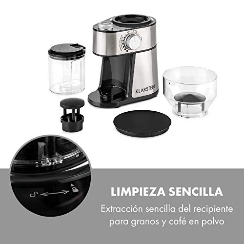 Klarstein Florenz Molinillo de Café (200W, triturado FlatBurr con disco de acero inoxidable, 18 tamaños de molienda, dosificador para 2-12 porciones, depósito de grano con 240 g de capacidad) Acero