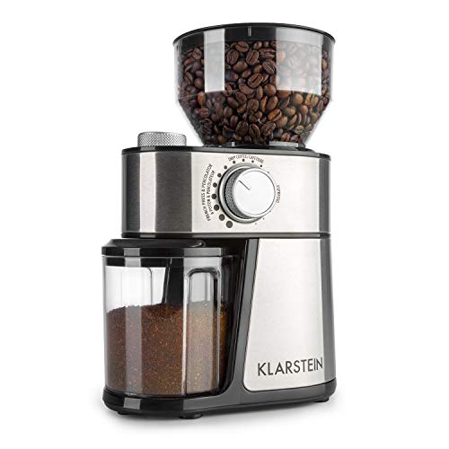 Klarstein Florenz Molinillo de Café (200W, triturado FlatBurr con disco de acero inoxidable, 18 tamaños de molienda, dosificador para 2-12 porciones, depósito de grano con 240 g de capacidad) Acero