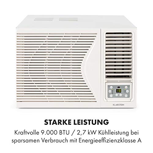 KLARSTEIN Frostik - Aire Acondicionado de Ventana, EEC A, 4 potencias, 3 Modos, Enfriar, Deshumidificar, Ventilador, 16-30°C, Temporizador, Salas 26-44 m², Mando a Distancia, 9.000 BTU/2,7 kW, Blanco