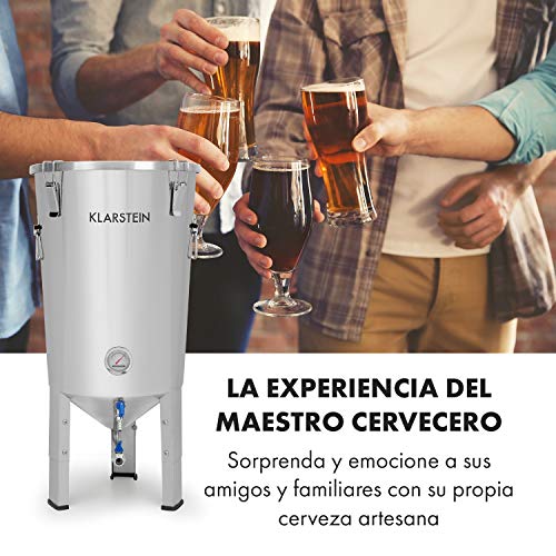 Klarstein Gaerkeller Pro - Tanque de maceración y caldera de fermentación, 30 litros, Acero inoxidable 304, Termómetro hasta 40 °C, Tapa con 4 ganchos, Espiral de refrigeración, Plateado