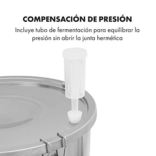 Klarstein Gaerkeller Pro - Tanque de maceración y caldera de fermentación, 30 litros, Acero inoxidable 304, Termómetro hasta 40 °C, Tapa con 4 ganchos, Espiral de refrigeración, Plateado