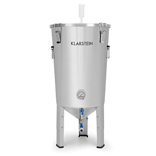 Klarstein Gaerkeller Pro - Tanque de maceración y caldera de fermentación, 30 litros, Acero inoxidable 304, Termómetro hasta 40 °C, Tapa con 4 ganchos, Espiral de refrigeración, Plateado