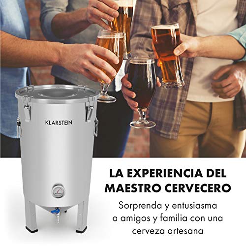 Klarstein Gaerkeller - Tanque de maceración y caldera de fermentación, 30 litros, Acero inoxidable 304, Termómetro hasta 40 °C, Tapa con 4 ganchos de seguridad, Espiral refrigeración, Plateado