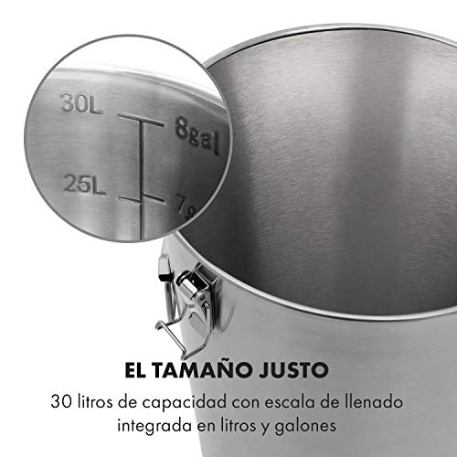 Klarstein Gaerkeller - Tanque de maceración y caldera de fermentación, 30 litros, Acero inoxidable 304, Termómetro hasta 40 °C, Tapa con 4 ganchos de seguridad, Espiral refrigeración, Plateado