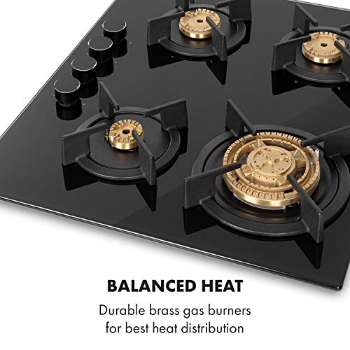 Klarstein Goldflame – cocina de gas, para instalar, quemador de latón, propano, gas natural, válvula de seguridad, apagado automático, soporte de hierro fundido, 4 llamas, autárquico, 60 cm, negro