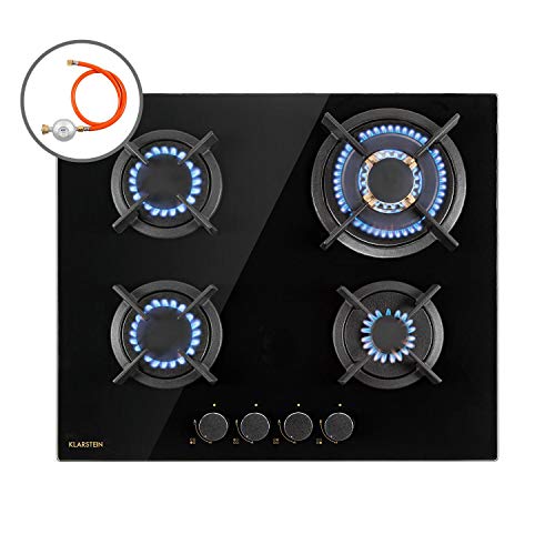 Klarstein Goldflame – cocina de gas, para instalar, quemador de latón, propano, gas natural, válvula de seguridad, apagado automático, soporte de hierro fundido, 4 llamas, autárquico, 60 cm, negro