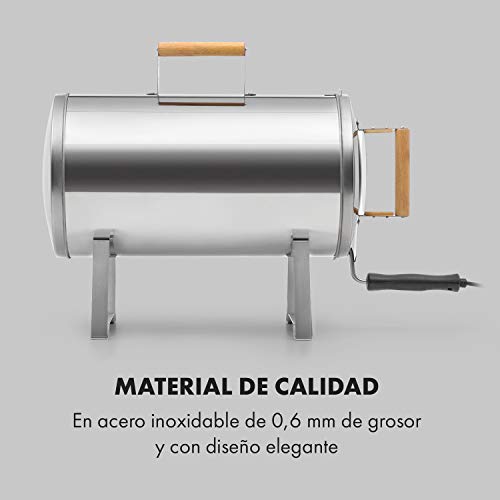 KLARSTEIN Gourmet Barrel Horno ahumador - Acero Inoxidable de 0,6 mm, Asas de Madera Resistentes al Calor, Enchufar y Listo, con Parrilla para ahumar y depósito para Aceite y leña, Plateado