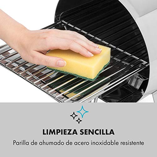 KLARSTEIN Gourmet Barrel Horno ahumador - Acero Inoxidable de 0,6 mm, Asas de Madera Resistentes al Calor, Enchufar y Listo, con Parrilla para ahumar y depósito para Aceite y leña, Plateado