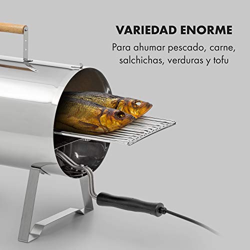 KLARSTEIN Gourmet Barrel Horno ahumador - Acero Inoxidable de 0,6 mm, Asas de Madera Resistentes al Calor, Enchufar y Listo, con Parrilla para ahumar y depósito para Aceite y leña, Plateado