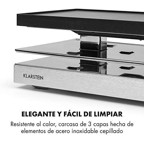 Klarstein Gourmette Raclette con Plancha de Aluminio - Raclette-Barbacoa, Fiestas de Barbacoa, 8 Personas, 1200 W, Termostato, Regulable, Carcasa de Acero, 3 Pisos, Accesorios