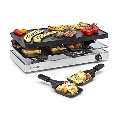 Klarstein Gourmette Raclette con Plancha de Aluminio - Raclette-Barbacoa, Fiestas de Barbacoa, 8 Personas, 1200 W, Termostato, Regulable, Carcasa de Acero, 3 Pisos, Accesorios