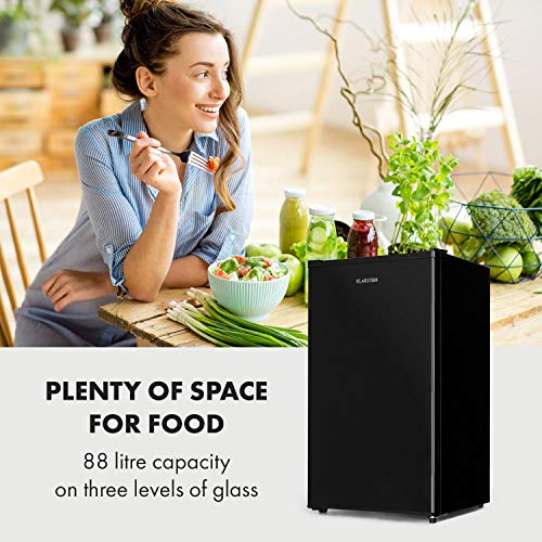 Klarstein Hudson Nevera - 88 litros, eficiencia energética A++, 3 estantes de cristal, 2 compartimentos para verduras, luz interior LED, 3 compartimentos para botellas de hasta 2 litros, Negro