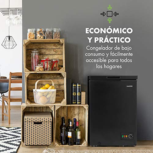 Klarstein Iceblokk - Congelador, Temperatura entre -26° y -15° C, Cesta extraíble para alimentos pequeños, Válvula de purgado, Ruedas, Potencia 75 kWh/a, ECC A+, Capacidad de 100 litros, Negro