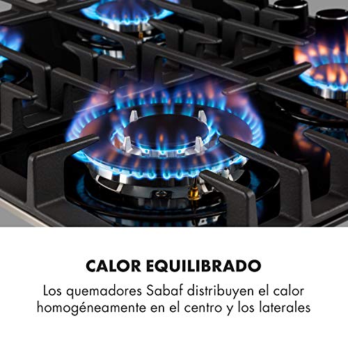 Klarstein Ignito - Placa de cocina a gas, Autárquico, Quemador Sabaf, Gas natural/propano, Válvula de seguridad, Autoapagado, Vitrocerámica, Rejillas de hierro fundido, 60 cm, 4 fuegos, Negro