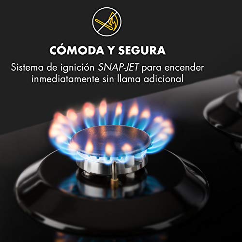 Klarstein Ignito - Placa de cocina a gas, Autárquico, Quemador Sabaf, Gas natural/propano, Válvula de seguridad, Autoapagado, Vitrocerámica, Rejillas de hierro fundido, 60 cm, 4 fuegos, Negro