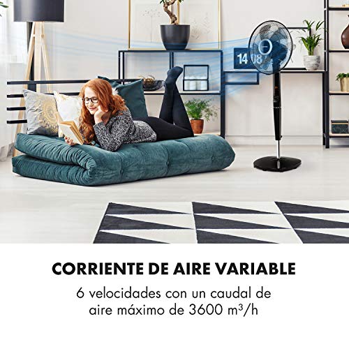 Klarstein Infinity Storm - Ventilador de pie, 40 cm (16"), 55 W, 3600 m³/h, 3 Modos, 6 velocidades, 5 aspas, Oscilación de 85°, Variofresh, Anti vuelco, Incluye Mando a Distancia, Negro