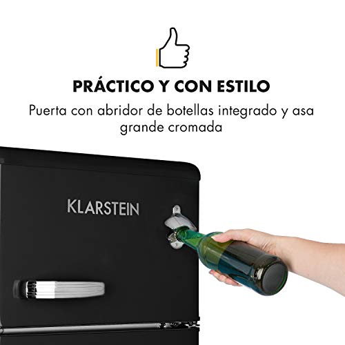 Klarstein Irene Nevera combi - Frigorífico 61 L regulable de 0 a 10 ºC, Congelador 24 L hasta -18 ºC, Iluminación interior, Diseño retro, Eficiencia energética de clase A+, Negro