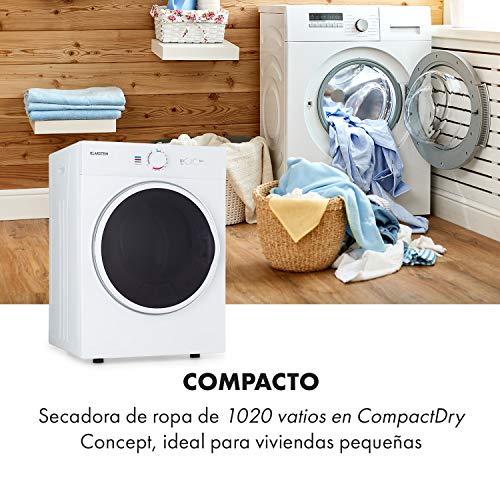 Klarstein Jet Set - Secadora de ropa por salida de aire, Potencia 1020 W, 2 niveles, Temporizador 20-200 min, Tambor de acero inoxidable, Capacidad 3 kg, 60 dB, Extractor, 49 x 69 x 47,5 cm, Blanco