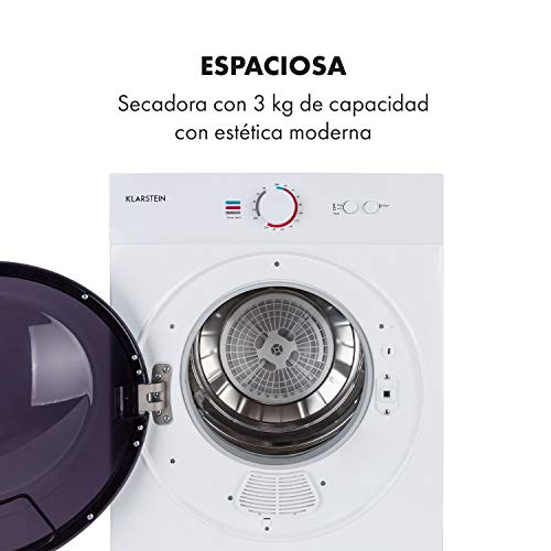 Klarstein Jet Set - Secadora de ropa por salida de aire, Potencia 1020 W, 2 niveles, Temporizador 20-200 min, Tambor de acero inoxidable, Capacidad 3 kg, 60 dB, Extractor, 49 x 69 x 47,5 cm, Blanco