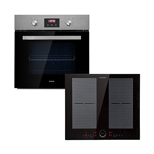 Klarstein Kalahari Delicatessa lote de horno - Horno y placas de cocina, Placa de inducción de 4 zonas de 7000 W (2 x 2000 W / 2 x 1500 W), Horno de 68 litros/clase A, Negro, Acero inoxidable