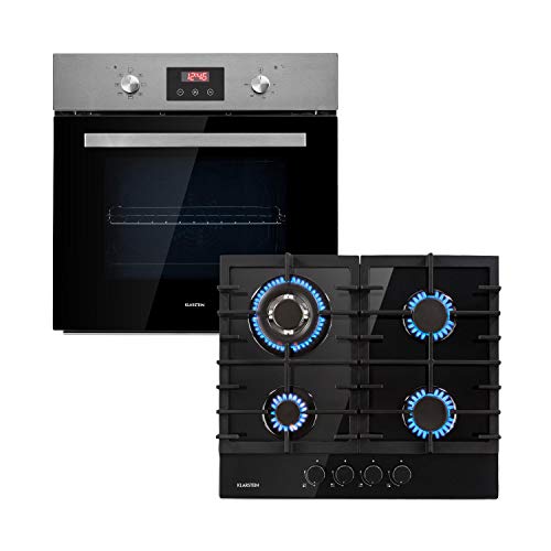 Klarstein Kalahari Ignito lote de horno - Horno y fogones para encajar en la cocina, De gas y eléctrico, 4 fogones de gas, Horno de 68 litros, clase A y temperaturas de 50 a 250 °C, Negro, Acero