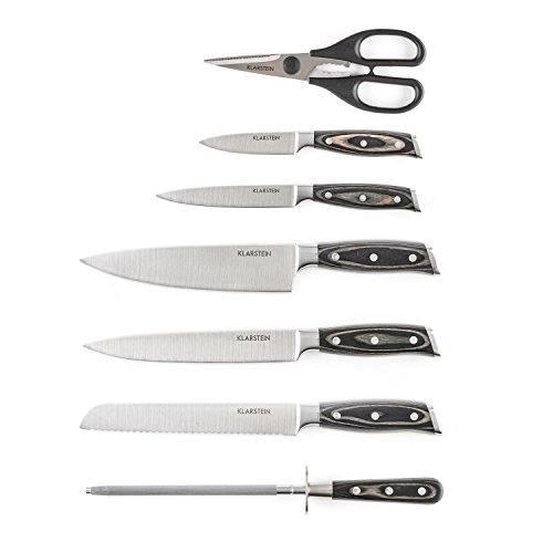 Klarstein Katana 8 Set de cuchillos con soporte de madera y Tijeras Afilador (8 unidades, acero inoxidable 3cr13, mangos de plástico, elegante diseño, cortar, cocina, picar)