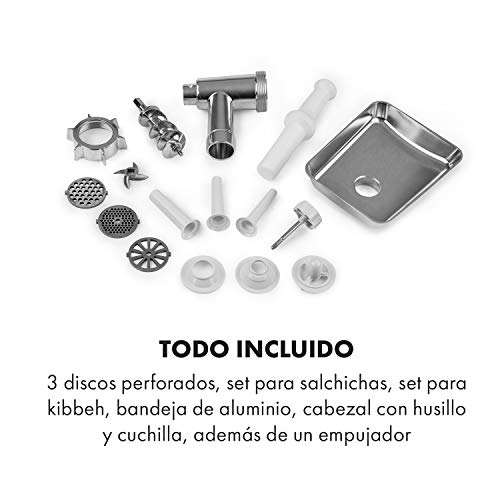 Klarstein Kraftprotz Picadora - Picadora de carne eléctrica, 700 W de potencia, 2 velocidades, Marcha atrás, Cuchilla de acero inoxidable, Gran bandeja de aluminio, Set de accesorios, Blanco