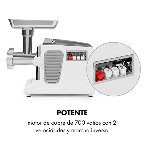 Klarstein Kraftprotz Picadora - Picadora de carne eléctrica, 700 W de potencia, 2 velocidades, Marcha atrás, Cuchilla de acero inoxidable, Gran bandeja de aluminio, Set de accesorios, Blanco