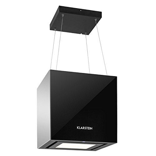 Klarstein Kronleuchter - Campana extractora en isla, Flujo aire hasta 600 m³/h, Iluminación LED, Eficiencia energética Clase A, 3 niveles, Filtro grasa, Control táctil, 45 x 45 x 45 cm, Negro