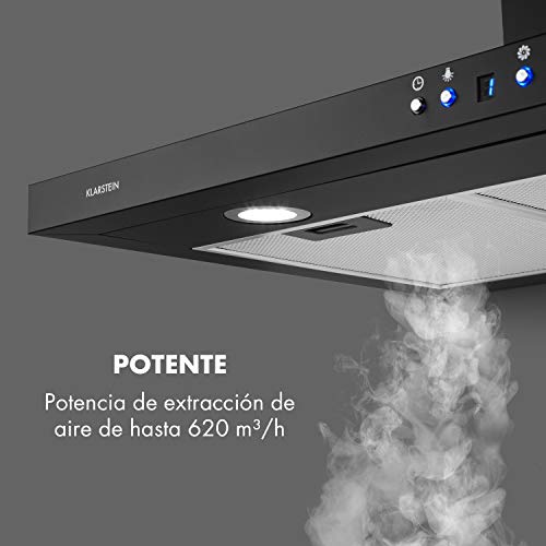 Klarstein Limelight Black Edition - Campana extractora, Extractor de humos, Programable, Capacidad 620m³/h, Ancho 90cm, Ruido 73dB, 3 niveles, Filtro de grasa, Iluminación, Clase A, Negro