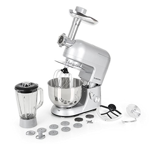 Klarstein Lucia Argentea - Robot de cocina universal, Batidora, Amasadora, Picadora, Licuadora, 5 L, Batido planetario, Cabezal Pasta, Recipiente de acero inoxidable, 1300 W, Plateado