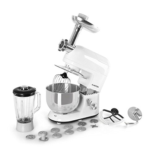 Klarstein Lucia Bianca - Robot de cocina universal, Batidora, Amasadora, Picadora, Licuadora, 5 L, Batido planetario, Cabezal Pasta, Recipiente de acero inoxidable, 1300 W, Blanco