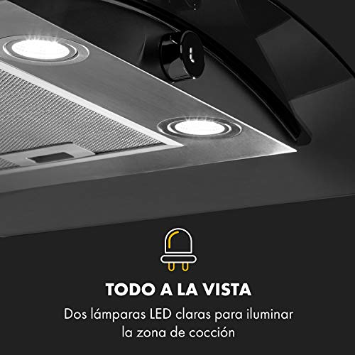 Klarstein Luna extractor de humos de pared – 60 cm, iluminación de la cocina, extracción de 420 m³/h, 3 niveles, control por botón giratorio, clase C, apto para la ventilación, plateado/negro