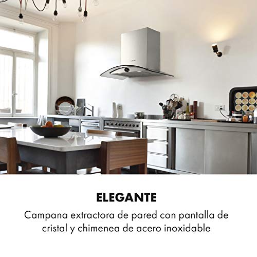 Klarstein Luna extractor de humos de pared – 60 cm, iluminación de la cocina, extracción de 420 m³/h, 3 niveles, control por botón giratorio, clase C, apto para la ventilación, plateado/negro